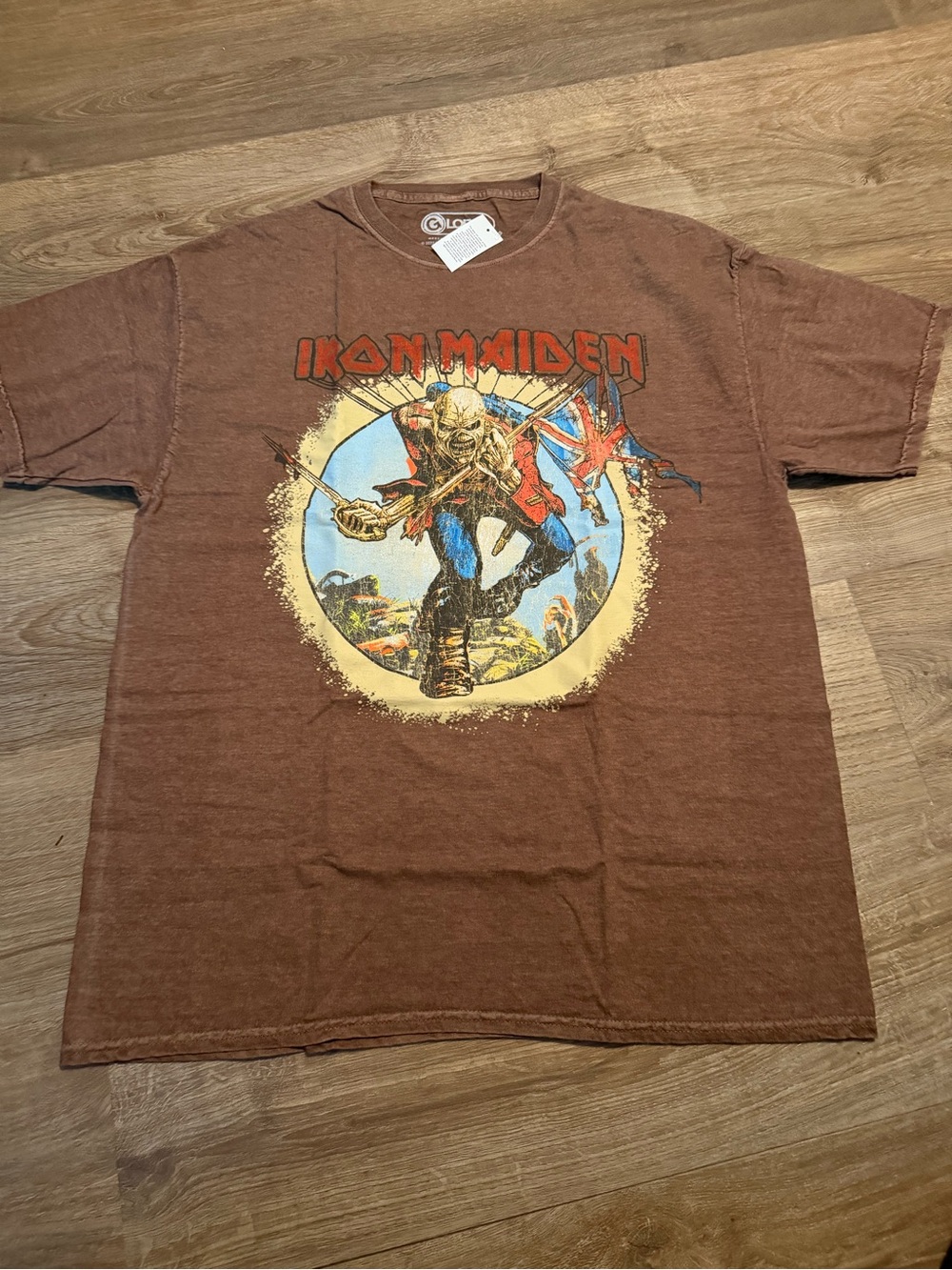 Junk Food Clothing Iron Maiden Short Sleeve Tee - Brown with Red & Blue Graphic